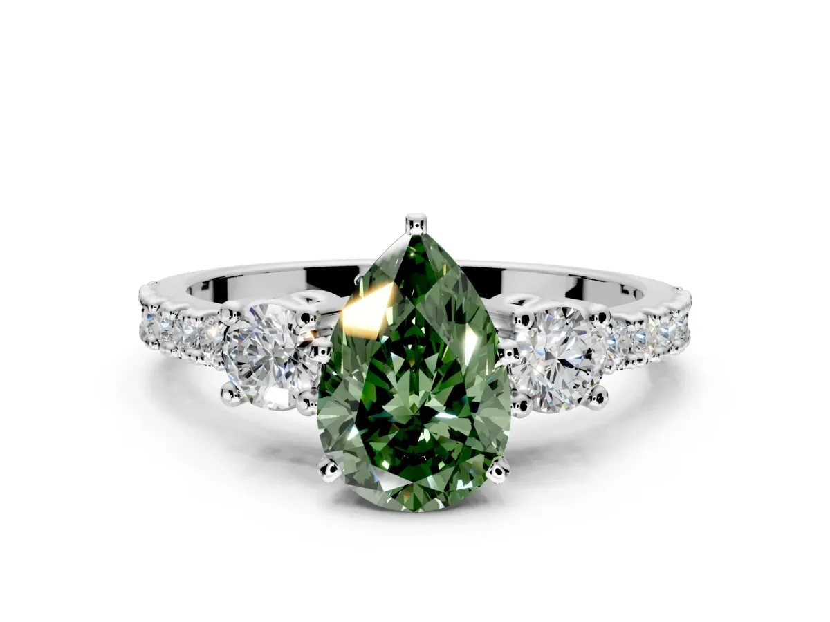 3 Stone Engagement Ring Setting for Fancy Green Pear-Shaped Center with Round Cut Side Accents and Prong Head in Platinum