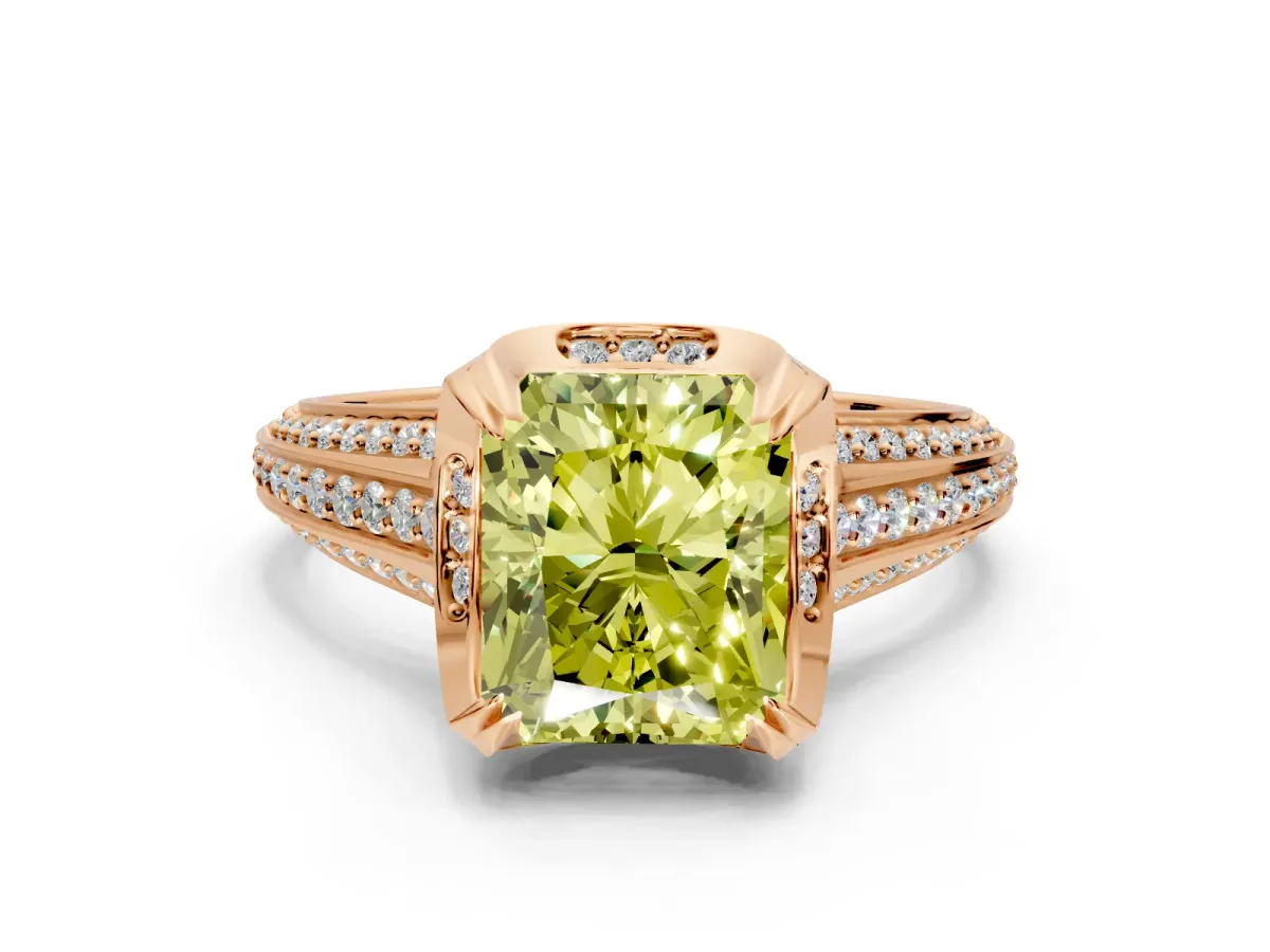 Solitaire Engagement Ring Setting for Fancy Yellow Radiant Cut Center with Accented Split Shank and Prong Head in Rose Gold