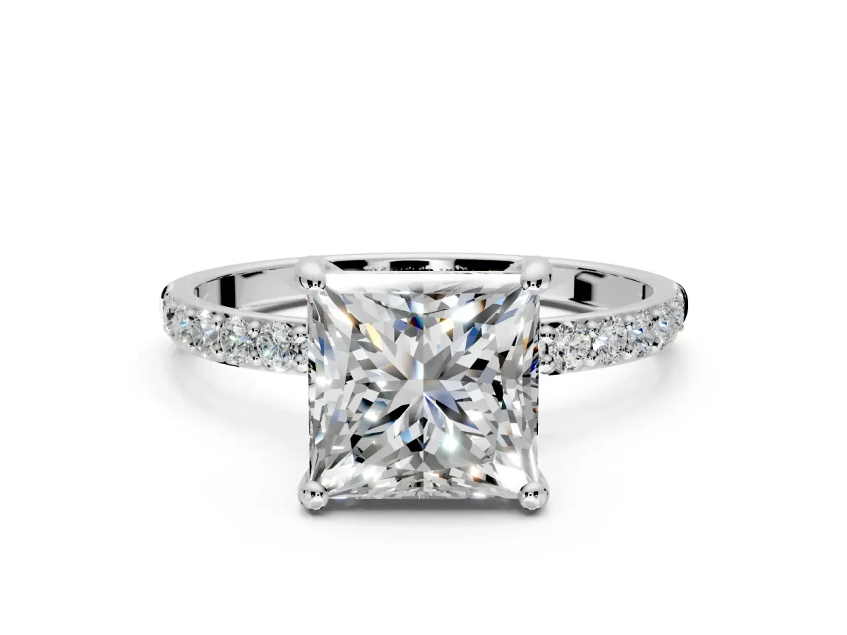 Solitaire Engagement Ring Setting for Princess Cut Center with Pave Accents and Prong Head in Platinum