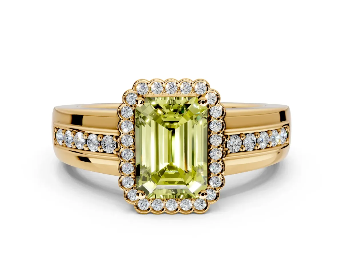 Halo Engagement Ring Setting for Fancy Yellow Emerald Cut Center with Wide Band, Inlaid Accent Row and Prong Head in Yellow Gold