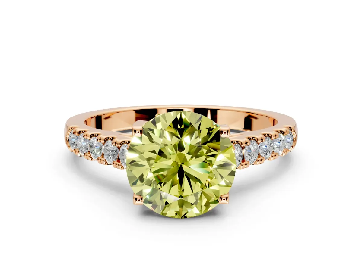 Solitaire Engagement Ring Setting for Fancy Yellow Round Cut Center with Partway Pave Band and Prong Head in Rose Gold