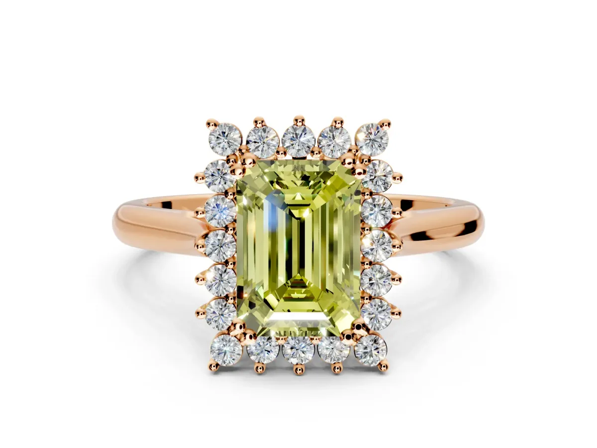 Starburst Halo Engagement Ring Setting for Fancy Yellow Emerald Cut Center with Thin Round-Wire Band and Prong Head in Rose Gold