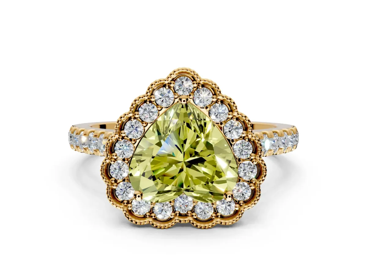 Milgrain Floral Halo Engagement Ring Setting for Fancy Yellow Heart-Shaped Center with Pave Band and Prong Head in Yellow Gold