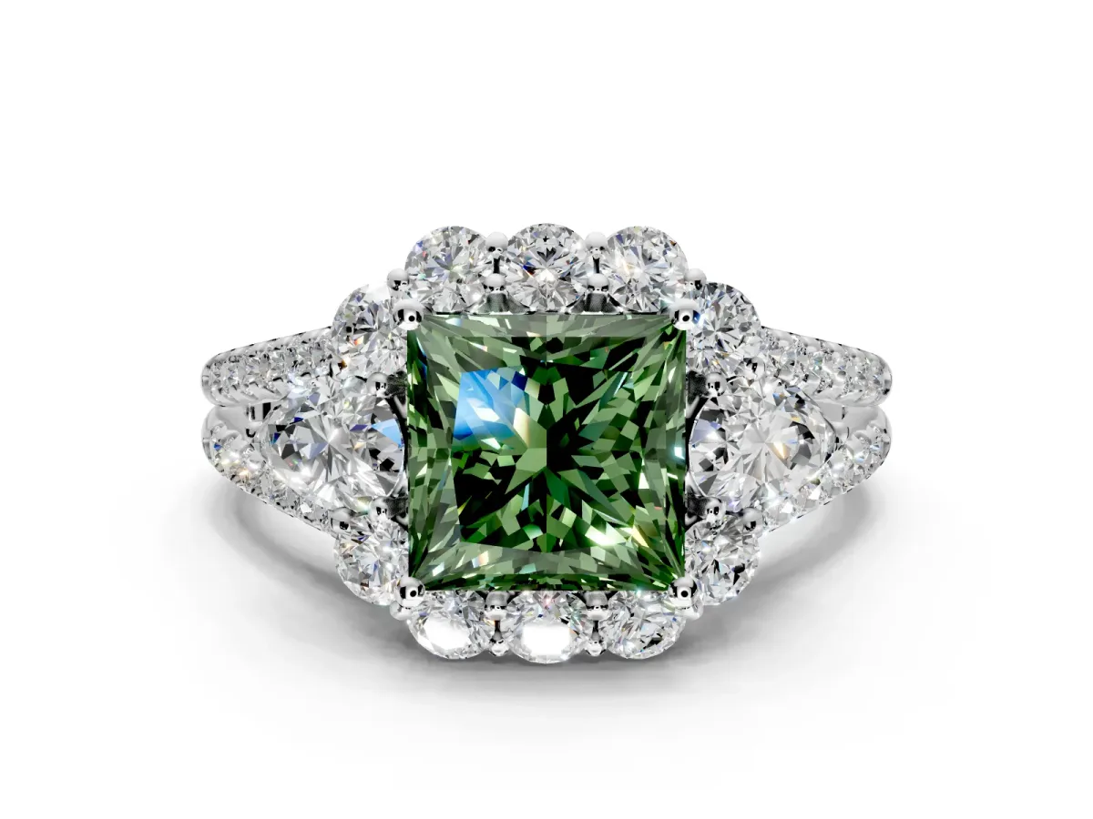 Halo Engagement Ring Setting for Fancy Green Princess Cut Center with Two-Strand Split Shank and Prong Head in Sterling Silver