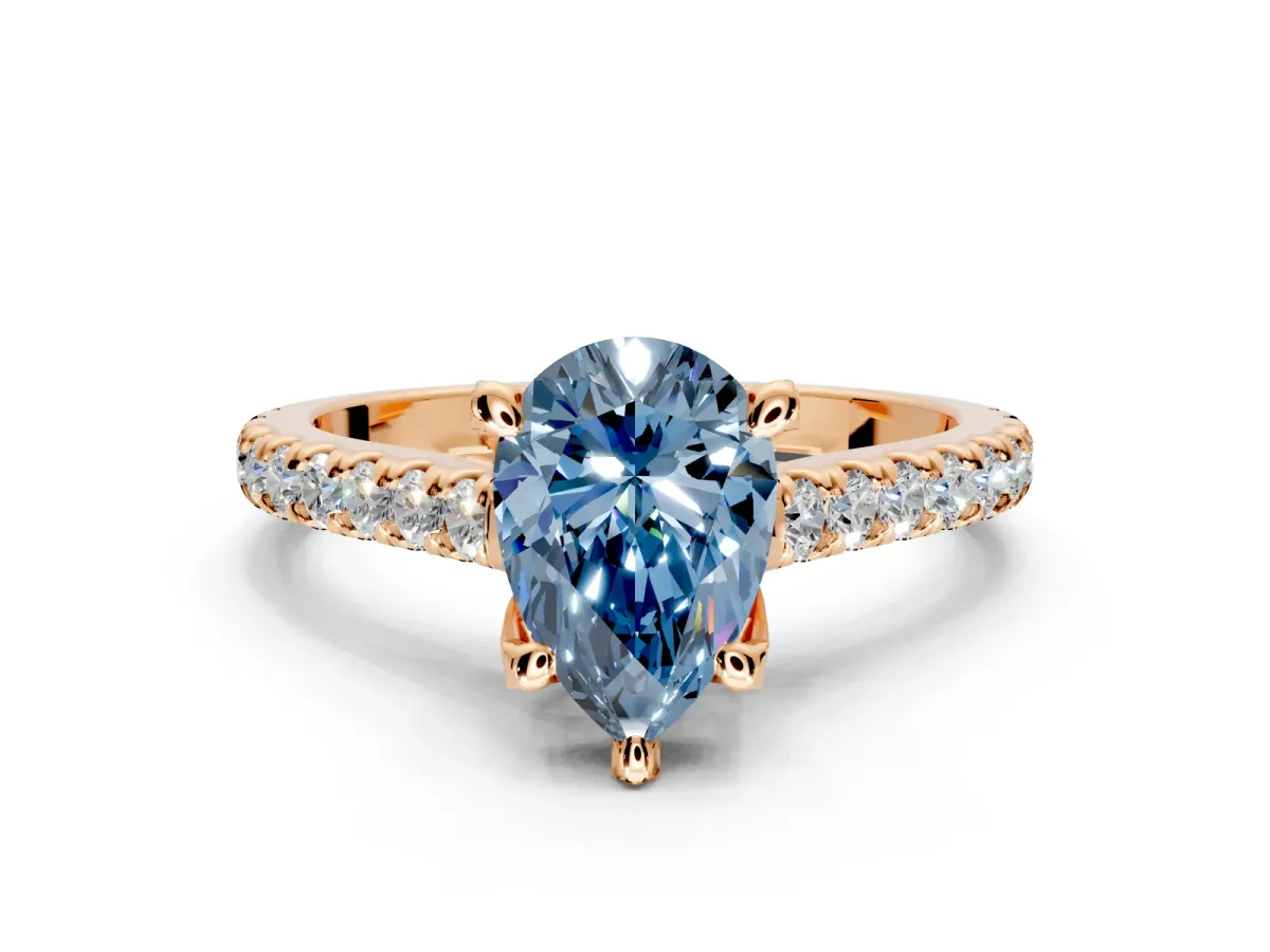 Solitaire Engagement Ring Setting for Fancy Blue Pear-Shaped Center with Widening Pave Band and Claw Prong Head in Rose Gold