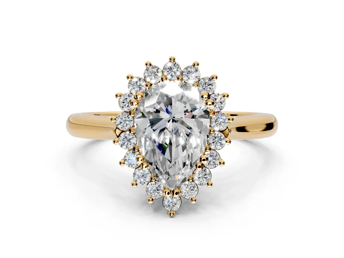 Starburst Halo Engagement Ring Setting for Pear-Shaped Center with Thin Round-Wire Band and Prong Head in Yellow Gold