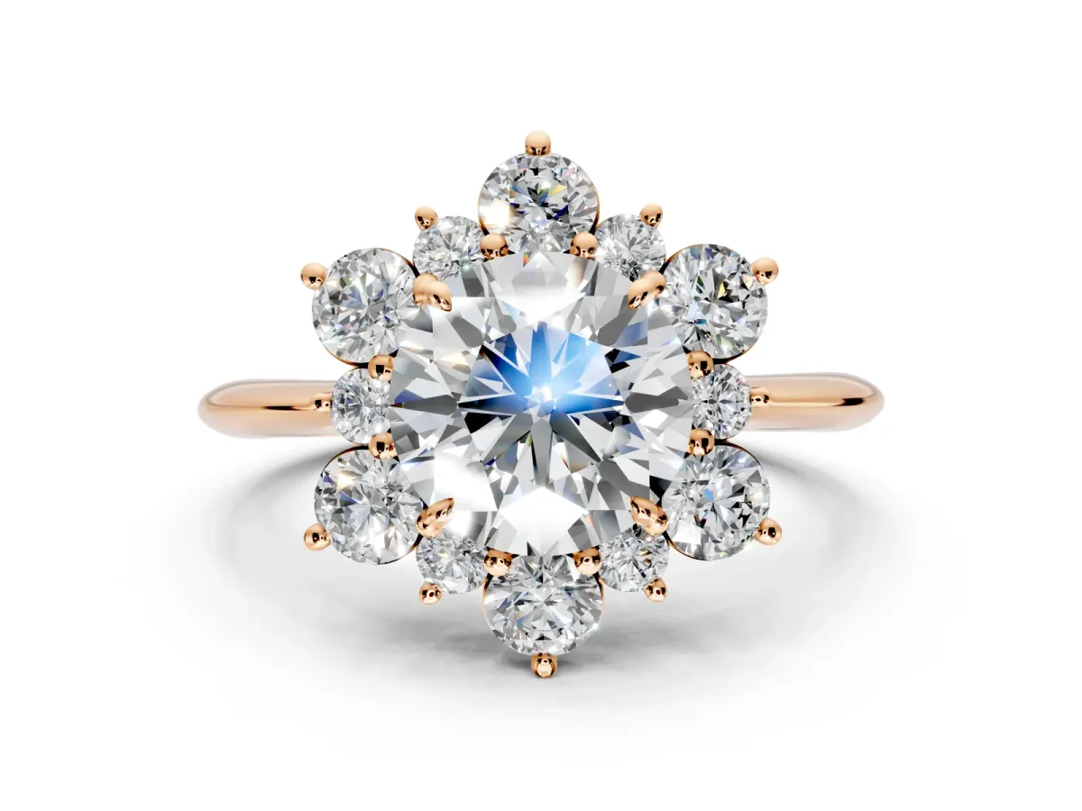 Small-Accent Cluster Halo Engagement Ring Setting for Round Cut Center with Plain Band and Prong Head in Rose Gold