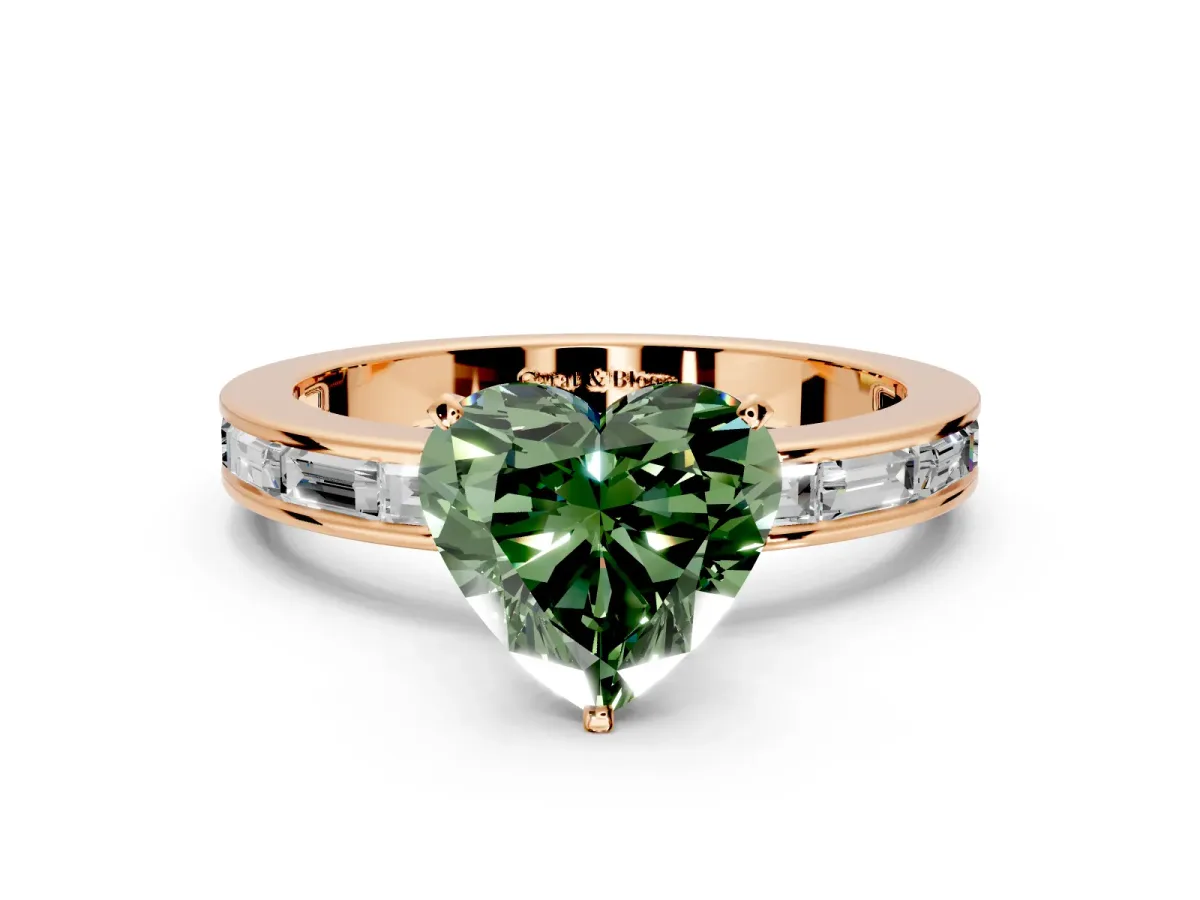 Solitaire Engagement Ring Setting for Fancy Green Heart-Shaped Center with Channel Baguette Band and Prong Head in Rose Gold