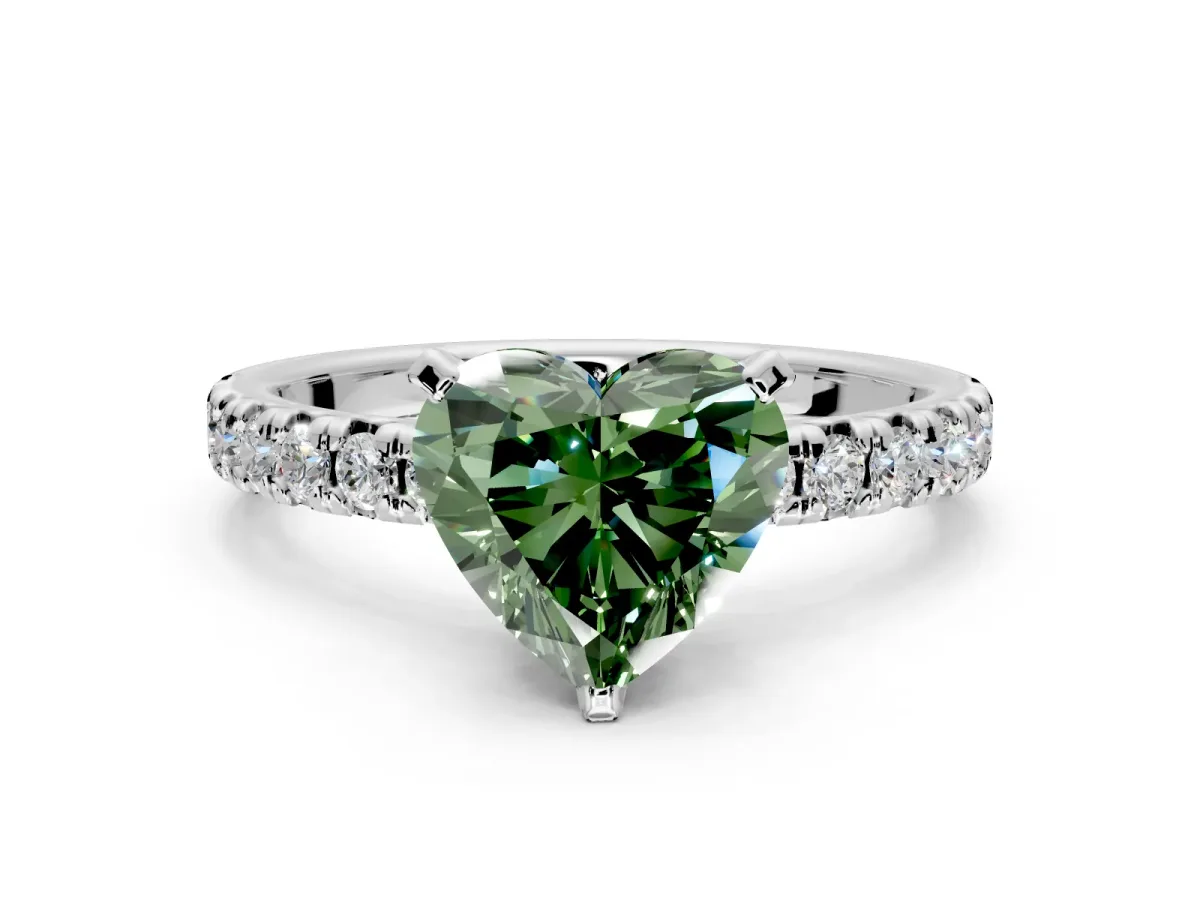 Solitaire Engagement Ring Setting for Fancy Green Heart-Shaped Center with Large Accents and Prong Head in White Gold