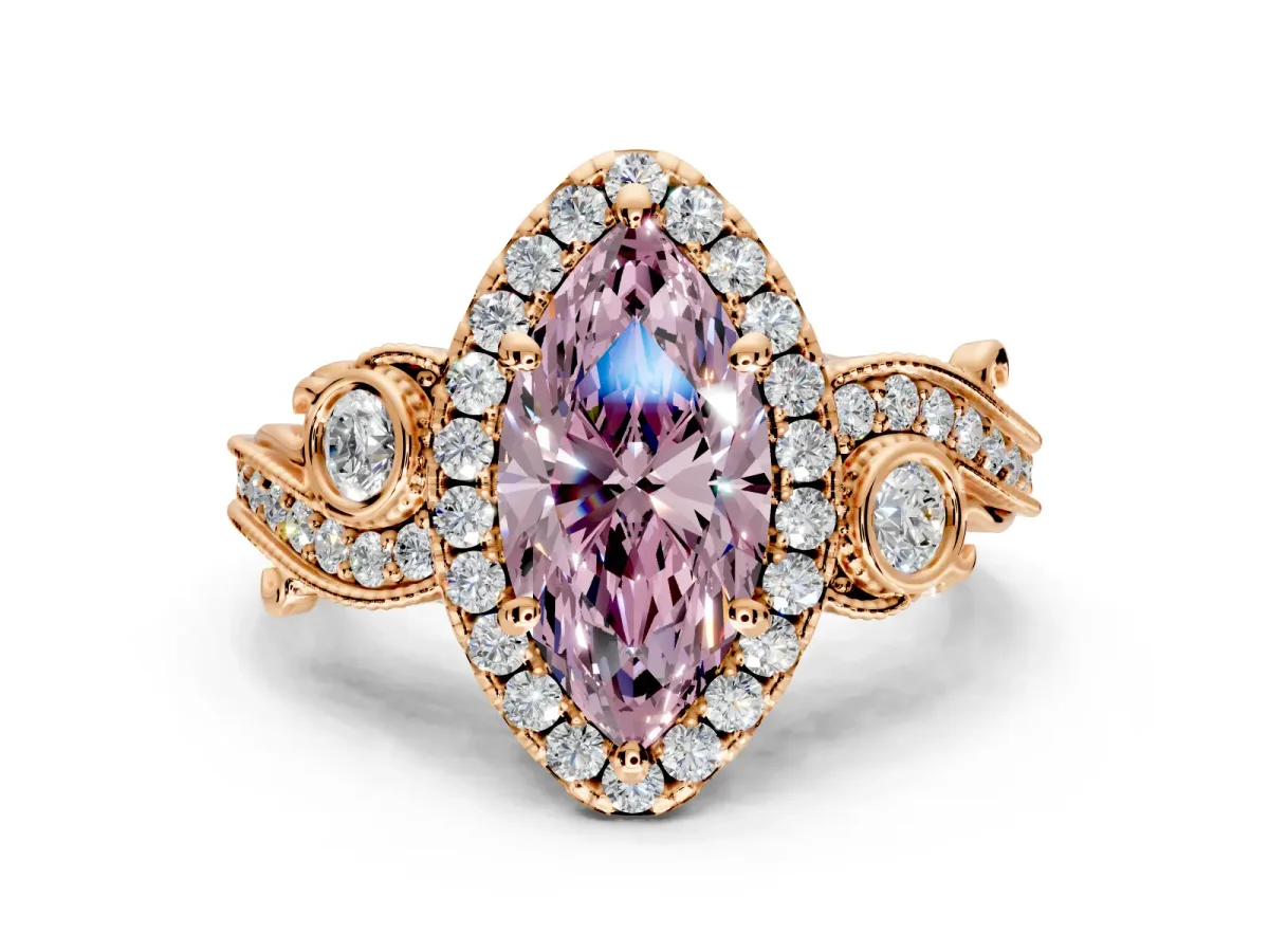 Milgrain Halo Engagement Ring Setting for Fancy Pink Marquise Center with Shoulder Bezels and Prong Head in Rose Gold