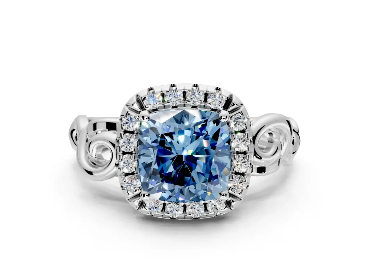 Halo Engagement Ring Setting for Fancy Blue Cushion Cut Center with Open Scroll Shoulders and Prong Head in Platinum