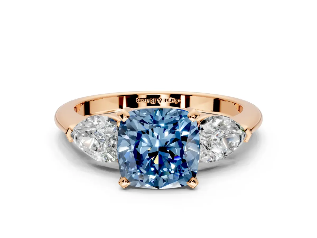 3 Stone Engagement Ring Setting for Fancy Blue Cushion Cut Center with Large Pear-Shaped Accents and Prong Head in Rose Gold