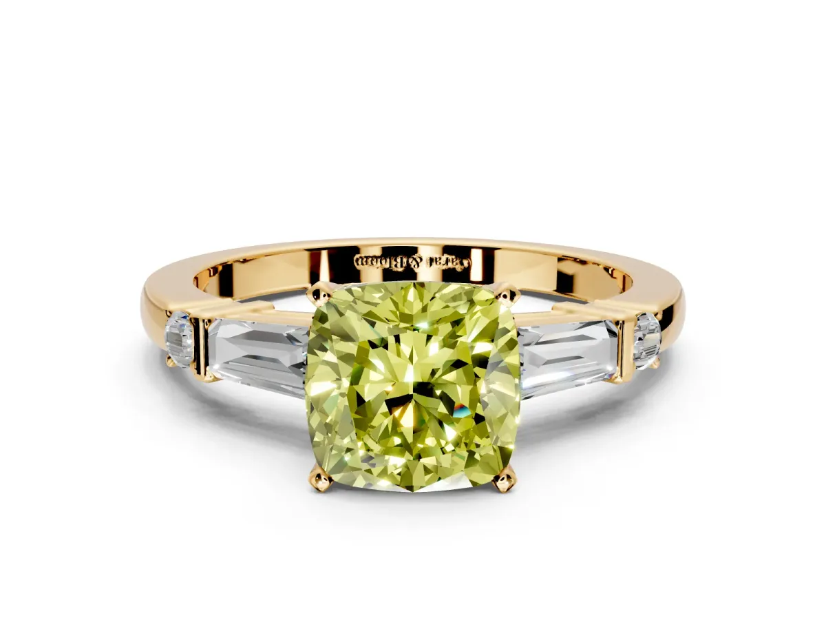 Bar-Set Engagement Ring Setting for Fancy Yellow Cushion Cut Center with Tapered Baguette Accents and Prong Head in Yellow Gold