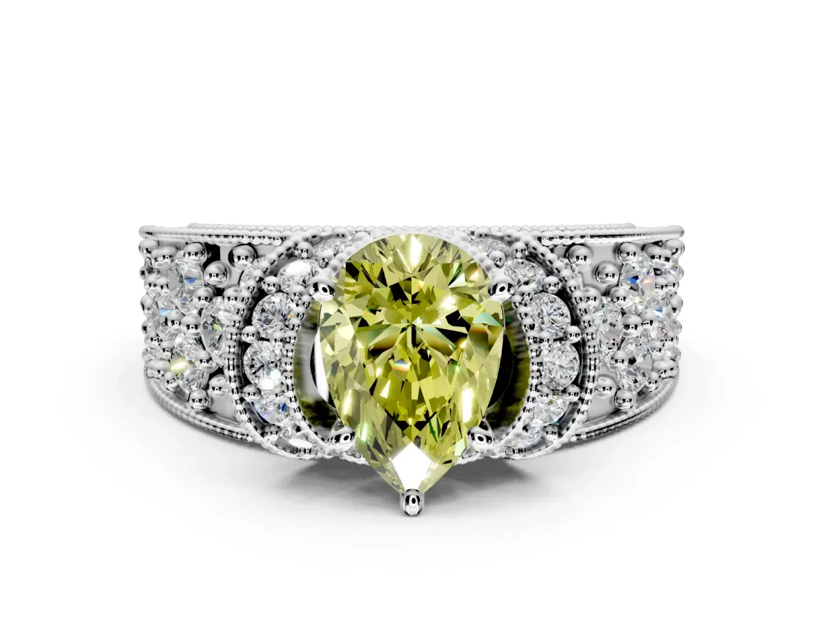 Pave Engagement Ring Setting for Fancy Yellow Pear-Shaped Center with Curved Accent Rows, Openwork and Prong Head in Platinum
