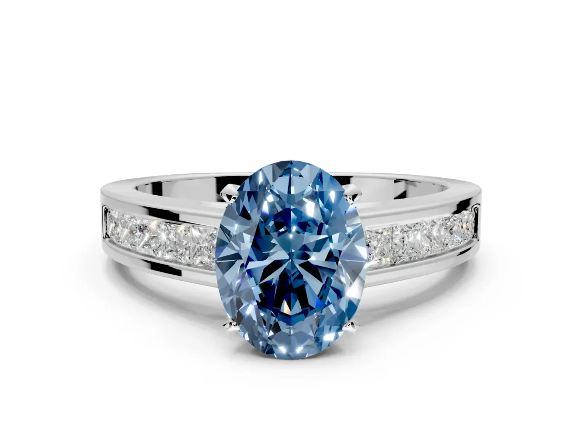 Solitaire Engagement Ring Setting for Fancy Blue Oval Center with Princess Cut Channel Band and Prong Head in Platinum