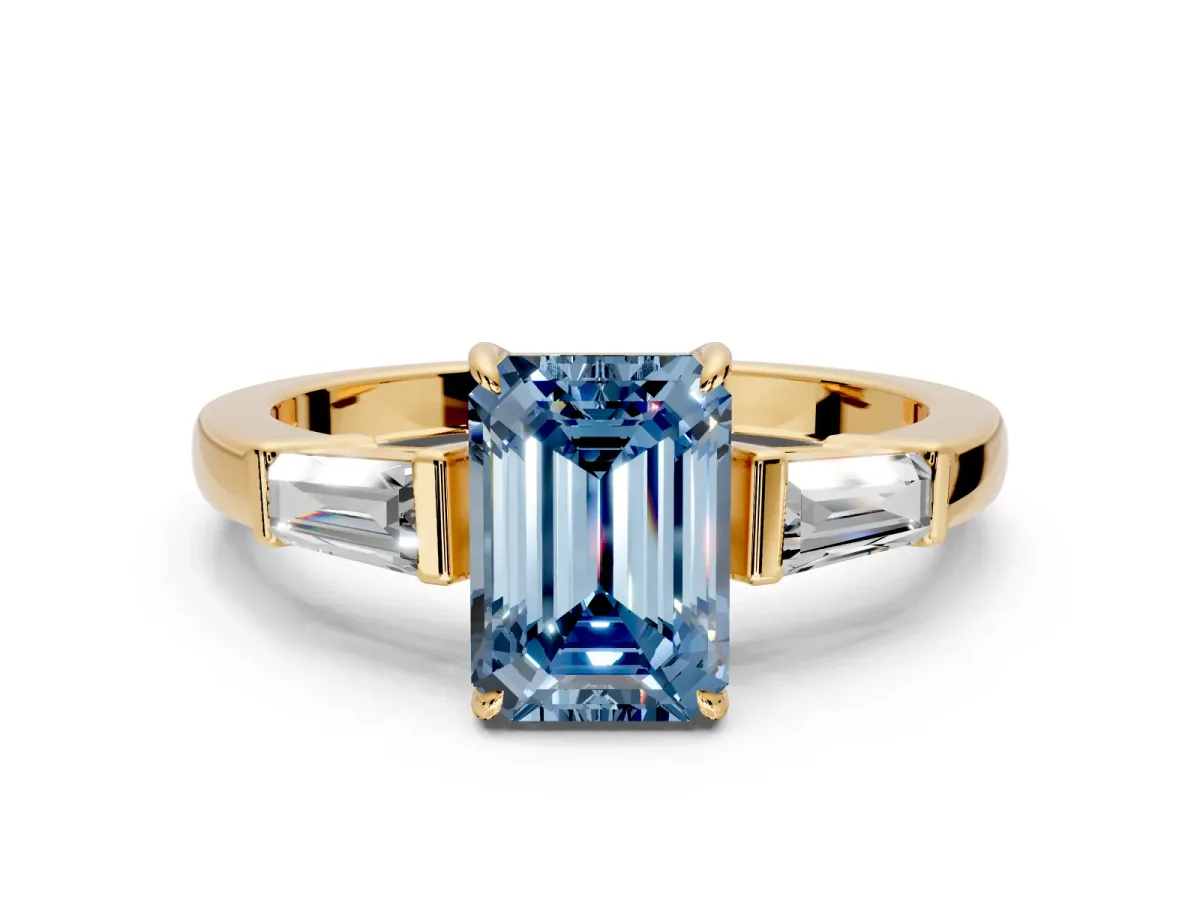 3 Stone Engagement Ring Setting for Fancy Blue Emerald Cut Center with Baguette Accents and Prong Head in Yellow Gold