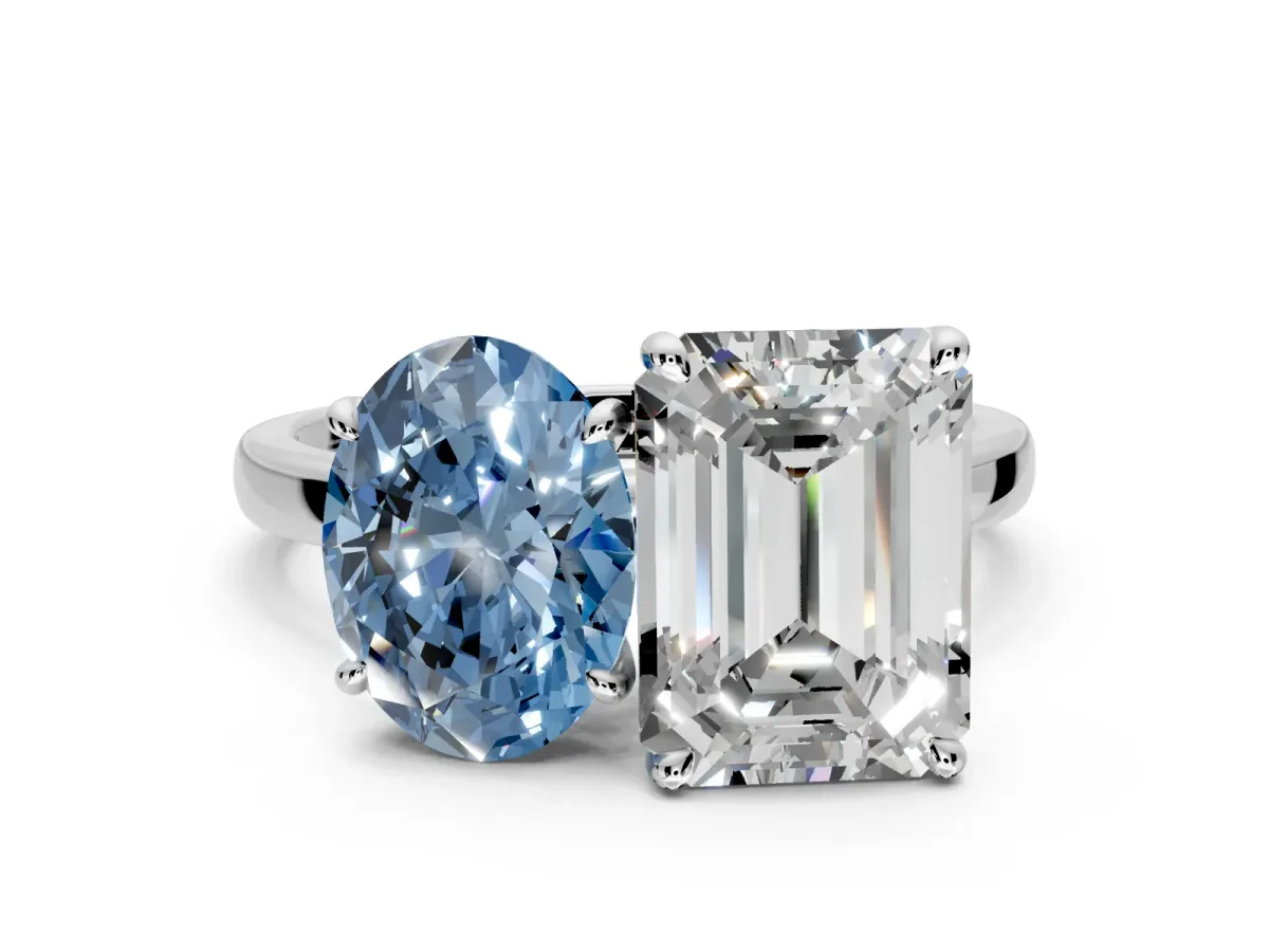Fancy Blue Oval and Emerald Cut Lab-Grown Diamond Toi et Moi Engagement Ring with Prong-Set Stones in Sterling Silver