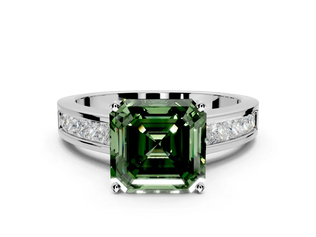 Solitaire Engagement Ring Setting for Fancy Green Asscher Cut Center with Princess Cut Channel Band and Prong Head in Sterling Silver
