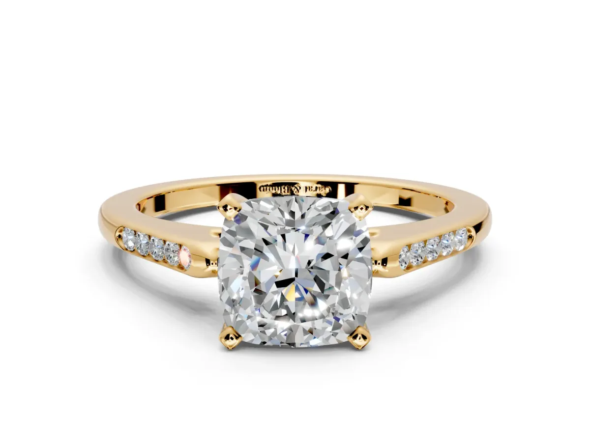Solitaire Engagement Ring Setting for Cushion Cut Center with Channel Accents and Prong Head in Yellow Gold