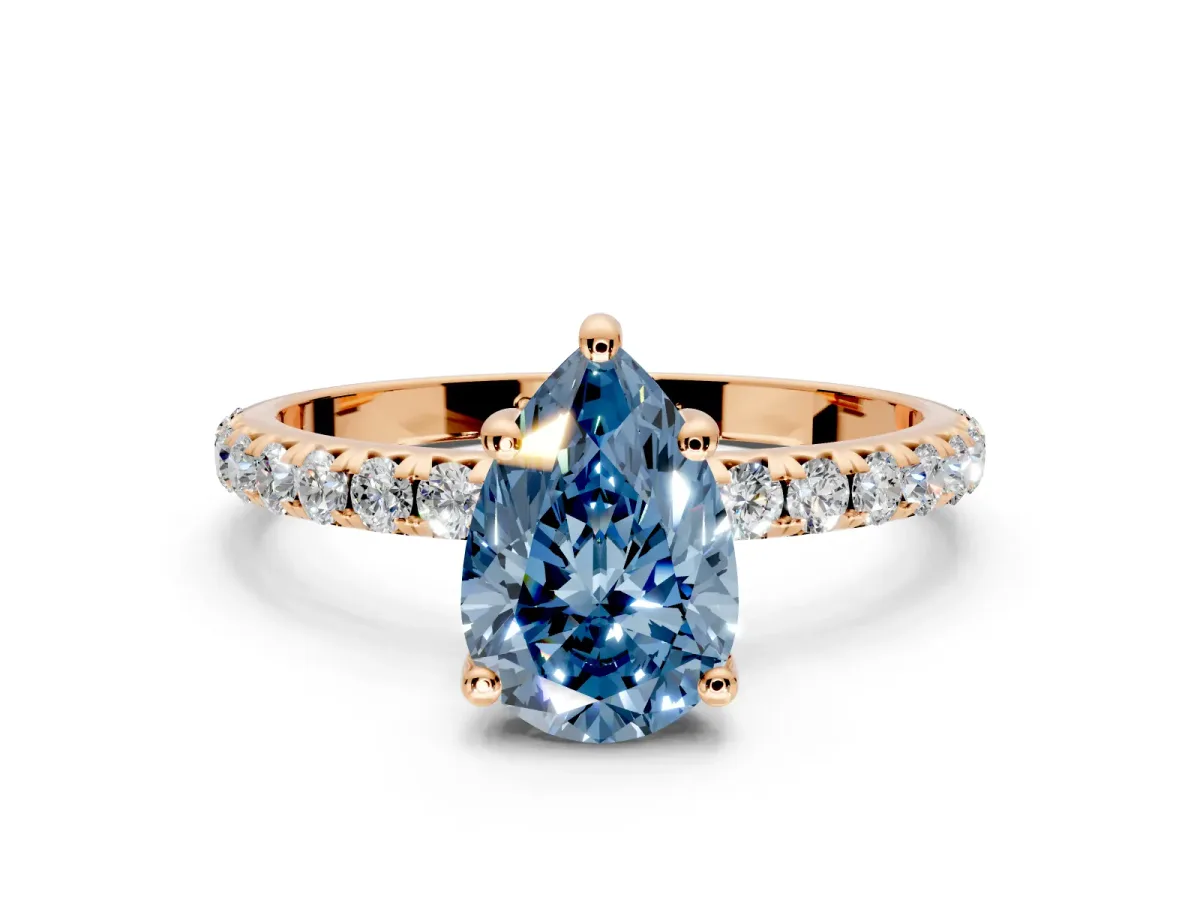 Solitaire Engagement Ring Setting for Fancy Blue Pear-Shaped Center with Micro Pave Band and Prong Head in Rose Gold