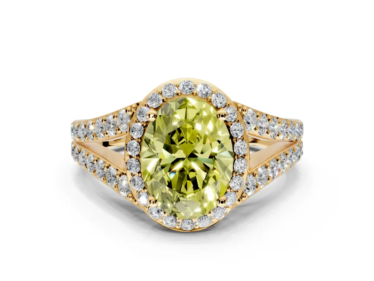 Halo Engagement Ring Setting for Fancy Yellow Oval Center with Narrow Pave Split Shank and Prong Head in Yellow Gold