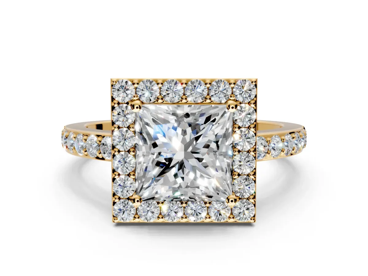 Halo Engagement Ring Setting for Princess Cut Center with Heart-Shaped Openwork, Pave Band and Prong Head in Yellow Gold