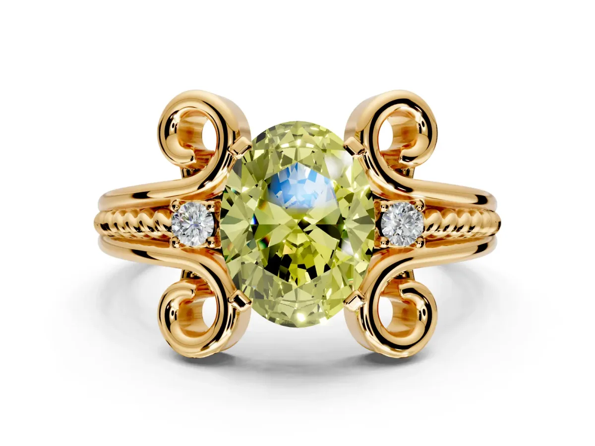 Solitaire Engagement Ring Setting for Fancy Yellow Oval Center with Twisted Band and Scroll Prong Head in Yellow Gold