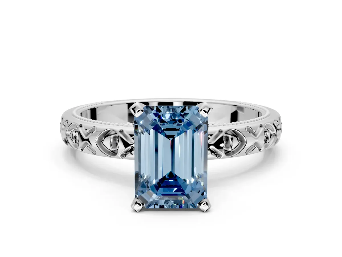 Solitaire Engagement Ring Setting for Fancy Blue Emerald Cut Center with XO Engraved Band and Prong Head in Platinum