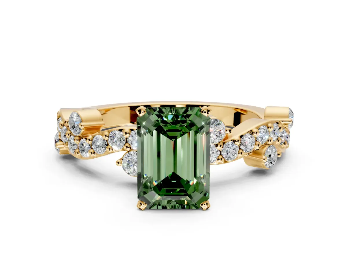 Solitaire Engagement Ring Setting for Fancy Green Emerald Cut Center with Bar-Station Pave Twist and Prong Head in Yellow Gold