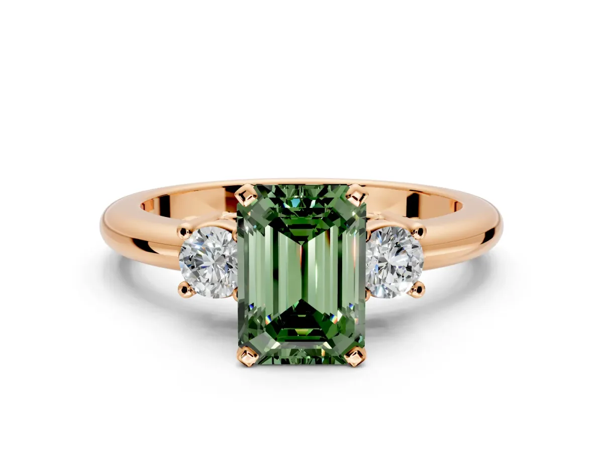 3 Stone Engagement Ring Setting for Fancy Green Emerald Cut Center with Wide Plain Band and Prong Head in Rose Gold