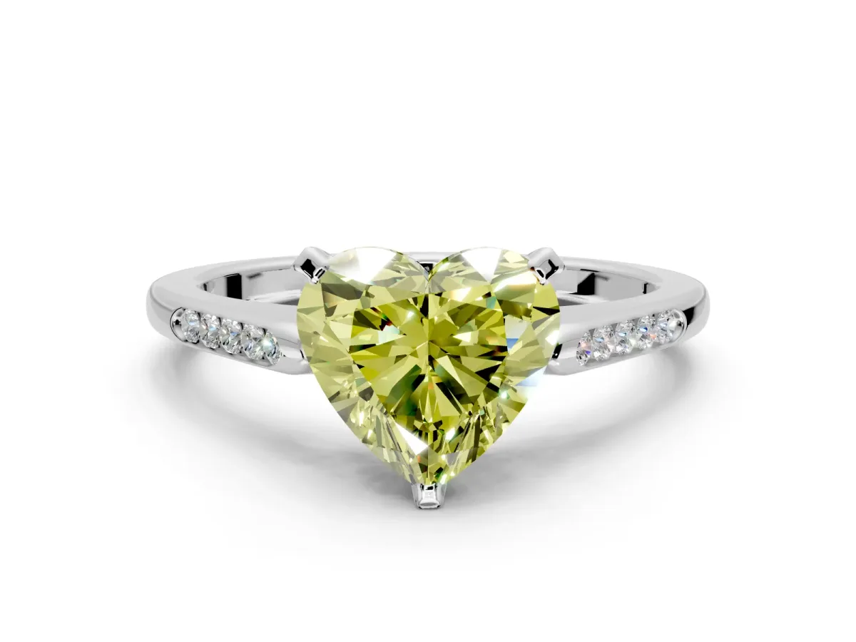 Solitaire Engagement Ring Setting for Fancy Yellow Heart-Shaped Center with Channel Accents and Prong Head in White Gold