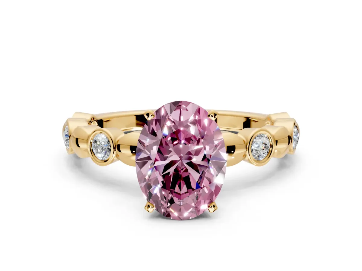 Solitaire Engagement Ring Setting for Fancy Pink Oval Center with Beaded Bezel Station Band and Prong Head in Yellow Gold