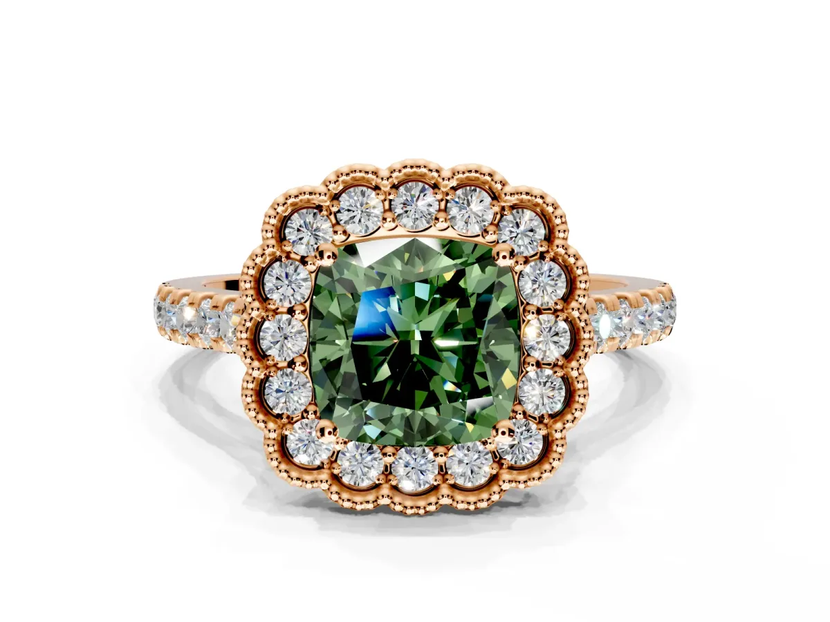 Milgrain Floral Halo Engagement Ring Setting for Fancy Green Cushion Cut Center with Pave Band and Prong Head in Rose Gold