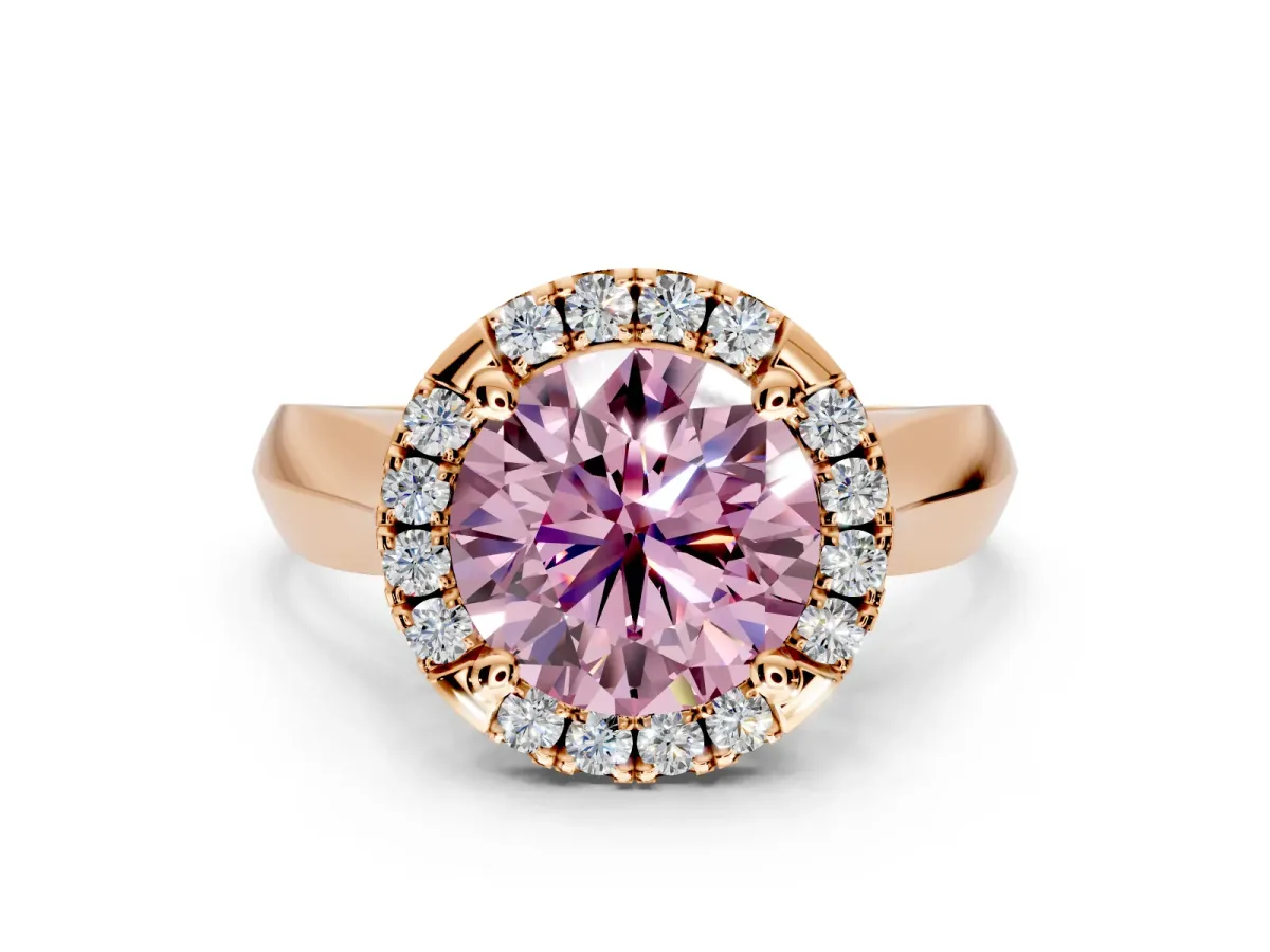 Halo Engagement Ring Setting for Fancy Pink Round Cut Center with Square Band and Prong Head in Rose Gold