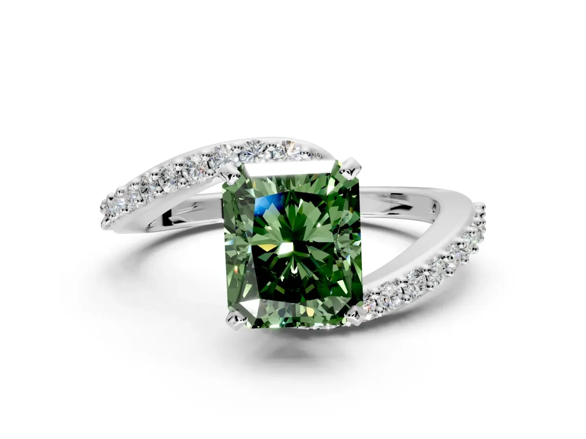 Solitaire Engagement Ring Setting for Fancy Green Radiant Cut Center with Pave Bypass Swirl Band and Prong Head in White Gold