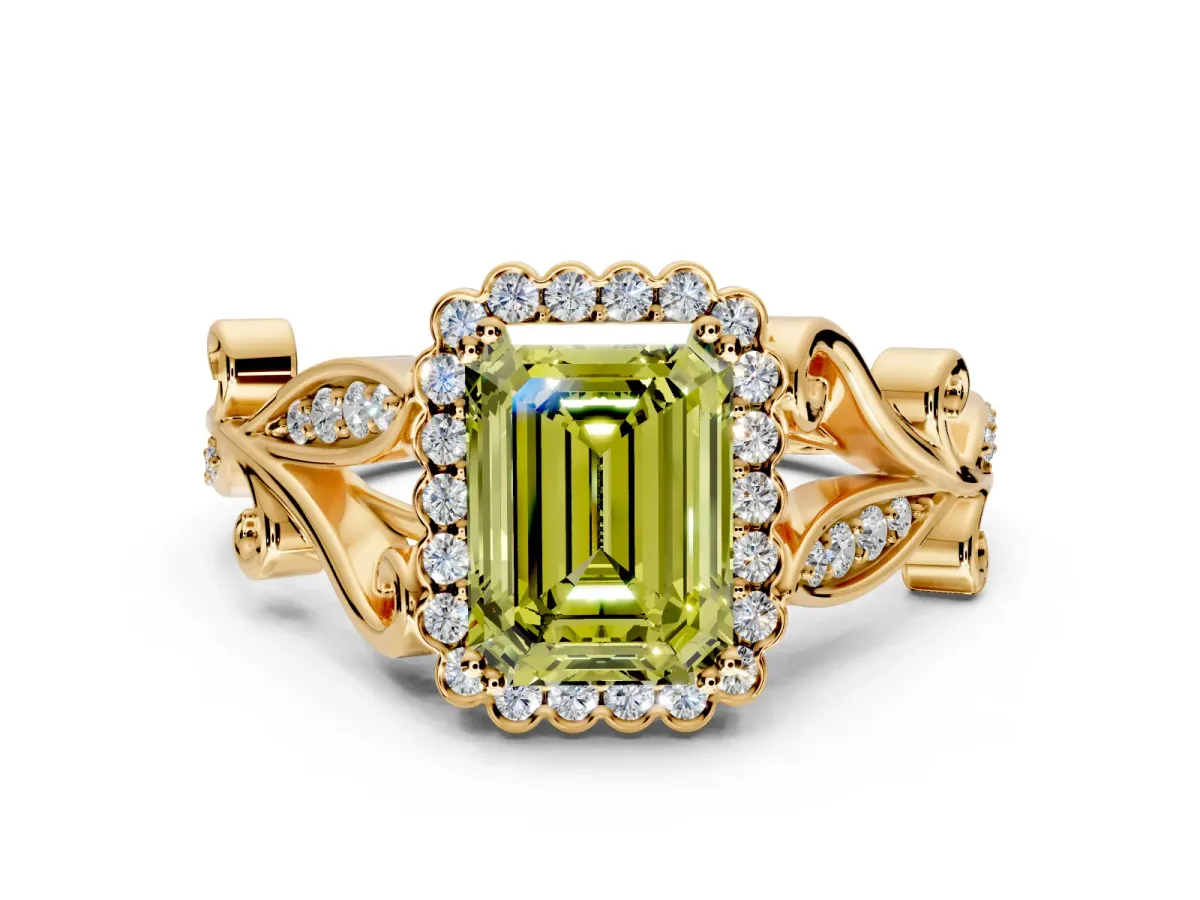Halo Engagement Ring Setting for Fancy Yellow Emerald Cut Center with Leaf Motif Split Shank and Prong Head in Yellow Gold