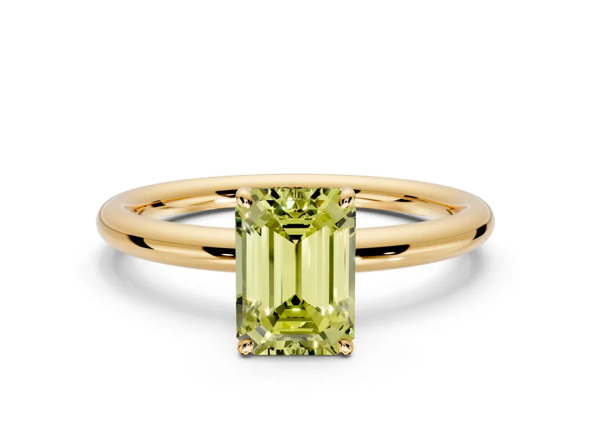 Low-Set Solitaire Engagement Ring Setting for Fancy Yellow Emerald Cut Center with Thin Plain Band and Prong Head in Yellow Gold