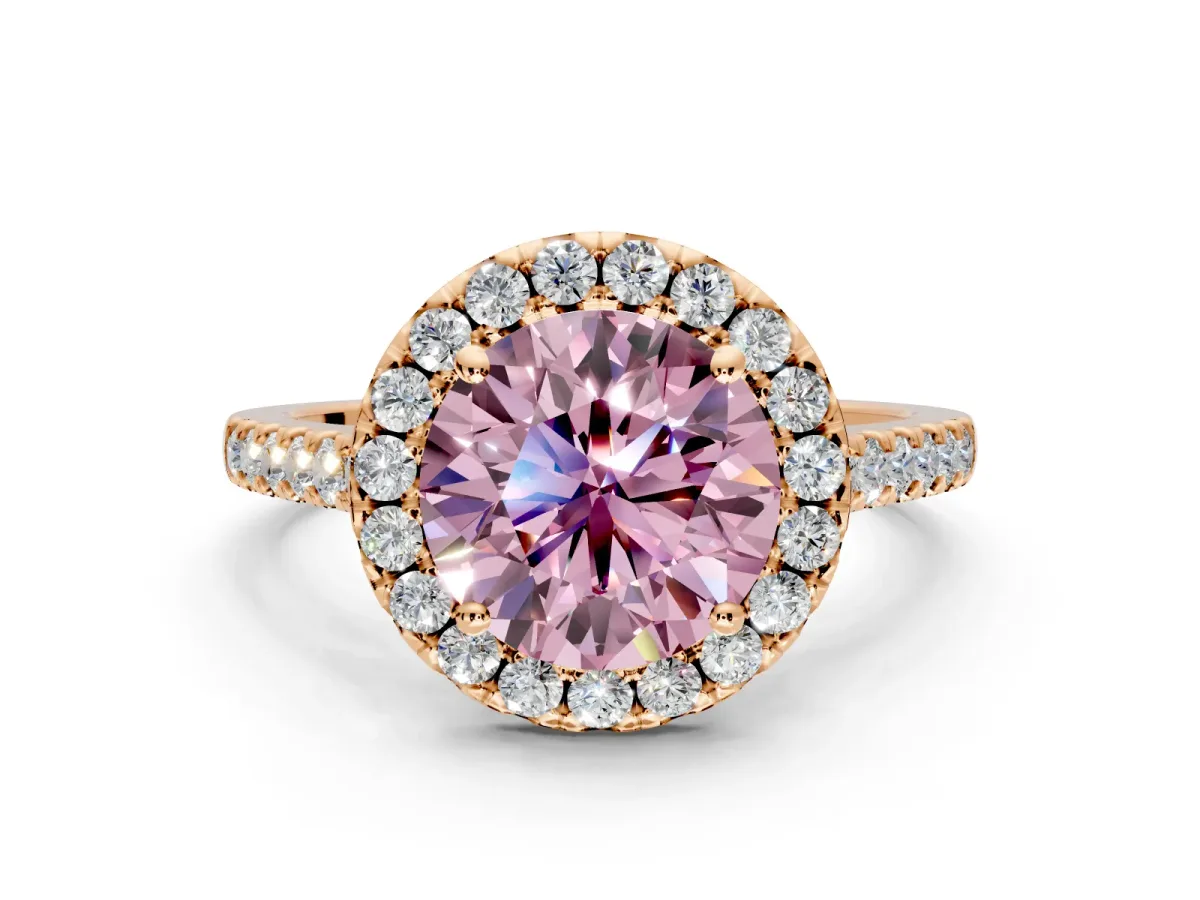 Halo Engagement Ring Setting for Fancy Pink Round Cut Center with Narrowing Pave Band and Prong Head in Rose Gold