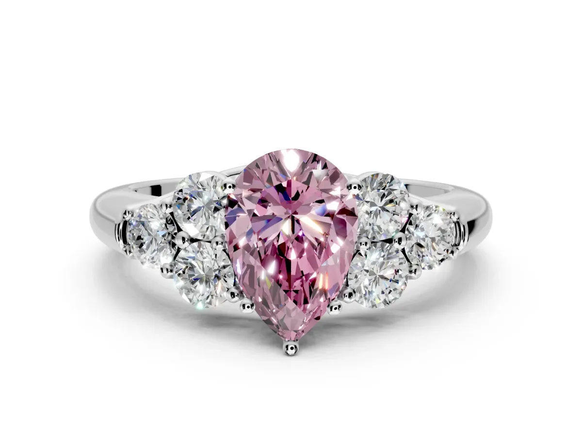 Cluster Engagement Ring Setting for Fancy Pink Pear-Shaped Center with Round Cut Accent Frame and Prong Head in White Gold