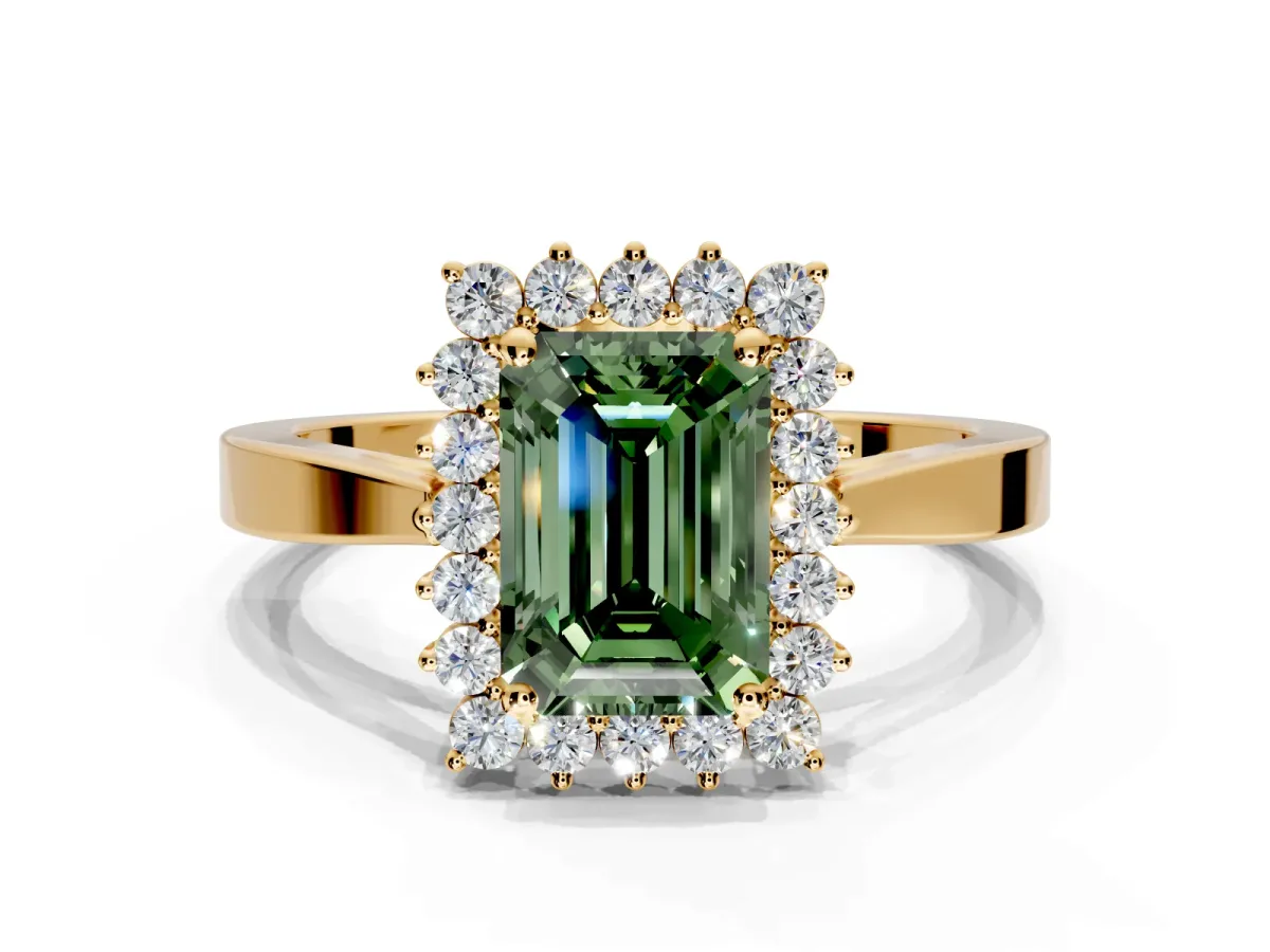 Starburst Halo Engagement Ring Setting for Fancy Green Emerald Cut Center with Flat Cathedral Band and Prong Head in Yellow Gold