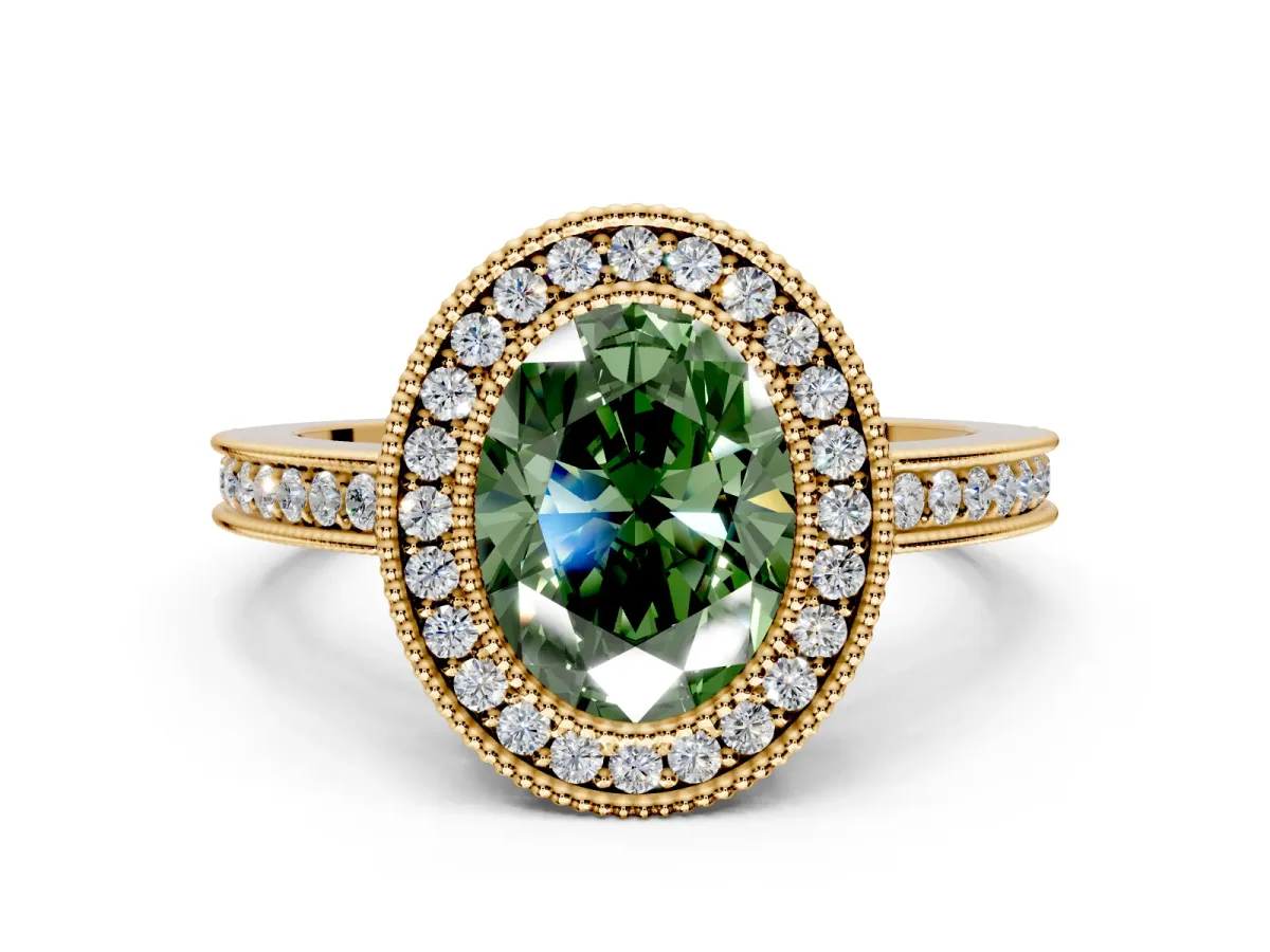 Halo Engagement Ring Setting for Fancy Green Oval Center with Milgrain Halo, Pave Band and Prong Head in Yellow Gold