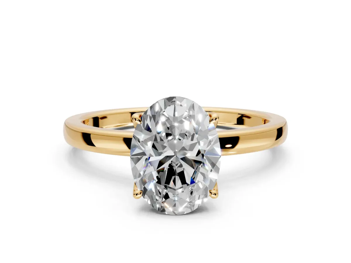 Solitaire Engagement Ring Setting for Oval Center with Thin Rounded Plain Band and Prong Head in Yellow Gold