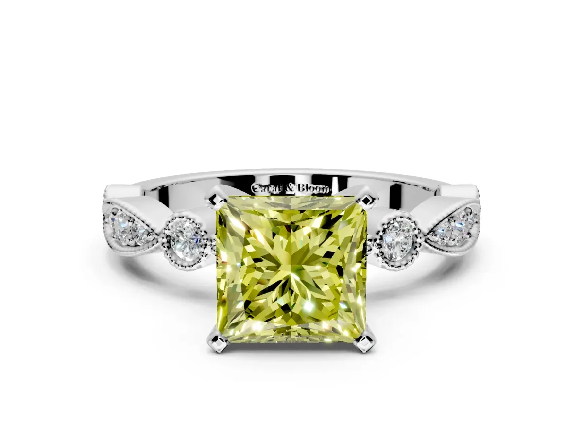 Solitaire Engagement Ring Setting for Fancy Yellow Princess Cut Center with Milgrain Bezel Accents and Prong Head in White Gold
