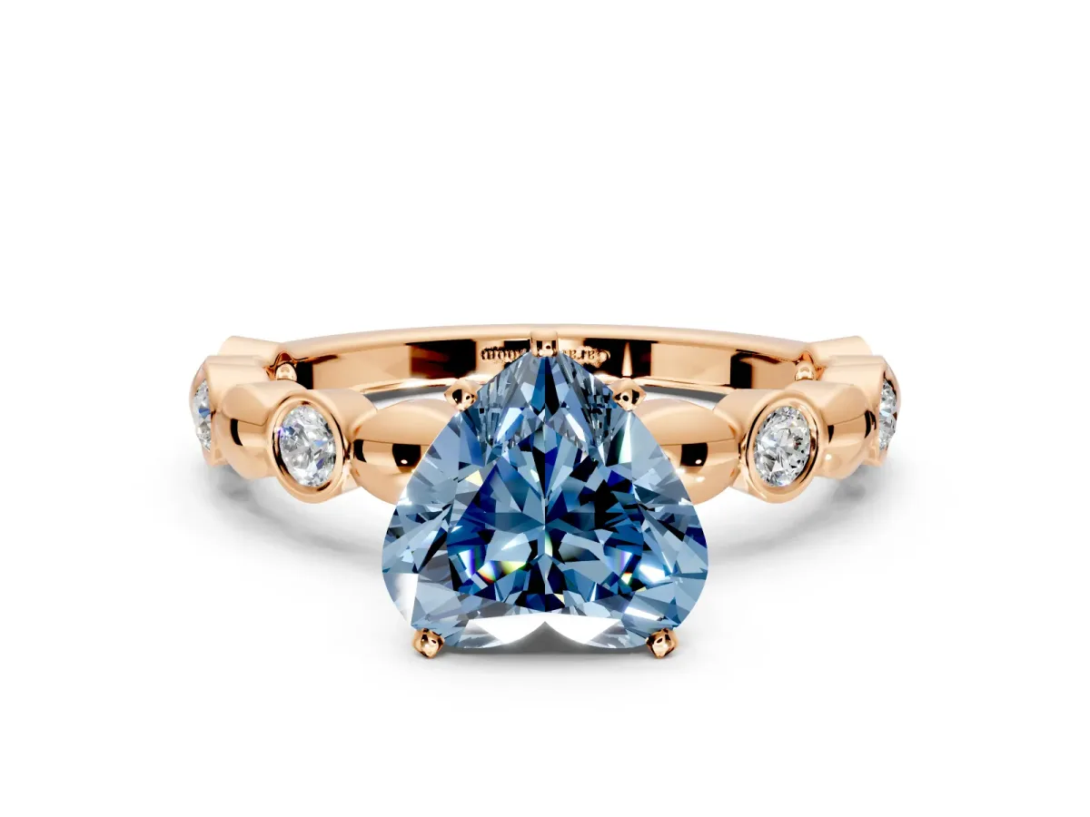 Solitaire Engagement Ring Setting for Fancy Blue Heart-Shaped Center with Beaded Bezel Station Band and Prong Head in Rose Gold