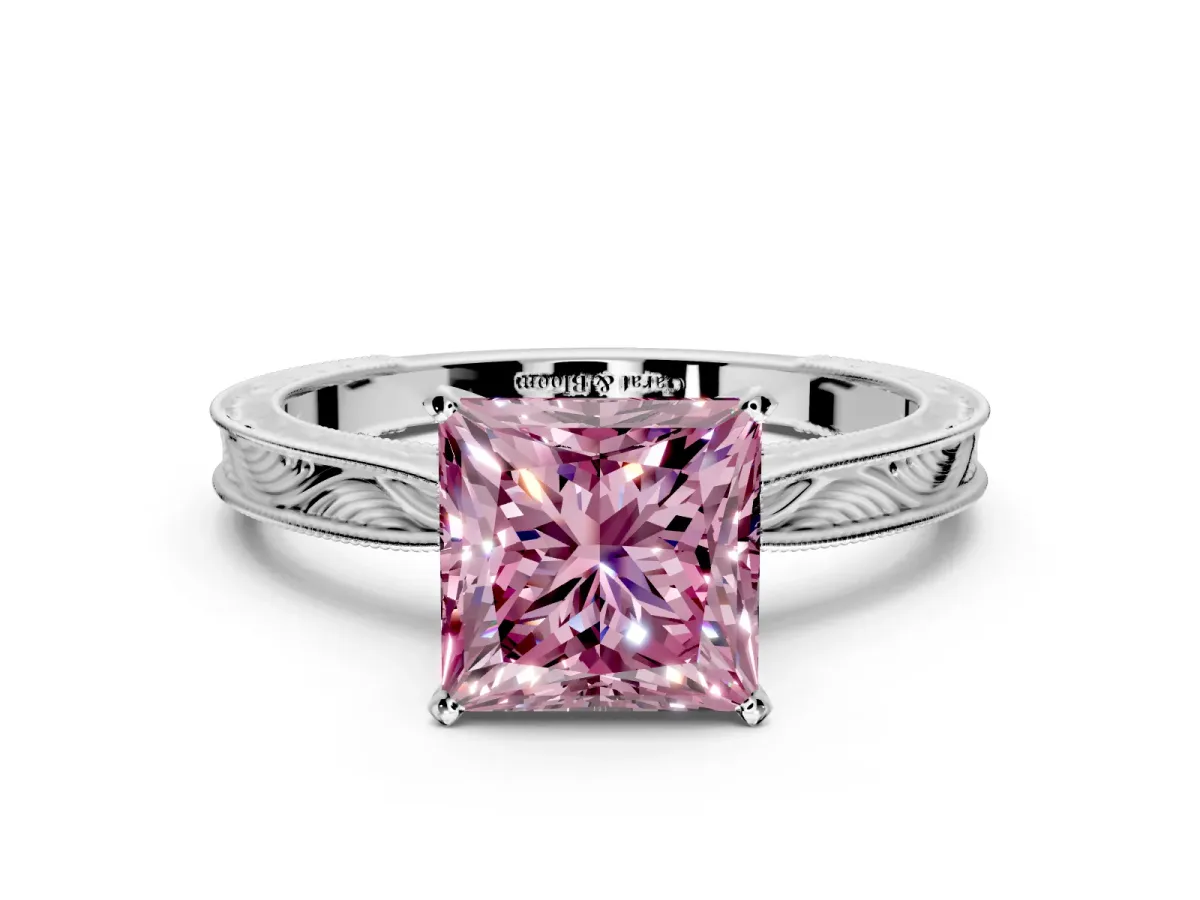 Solitaire Engagement Ring Setting for Fancy Pink Princess Cut Center with Engraved Milgrain Band and Prong Head in Platinum