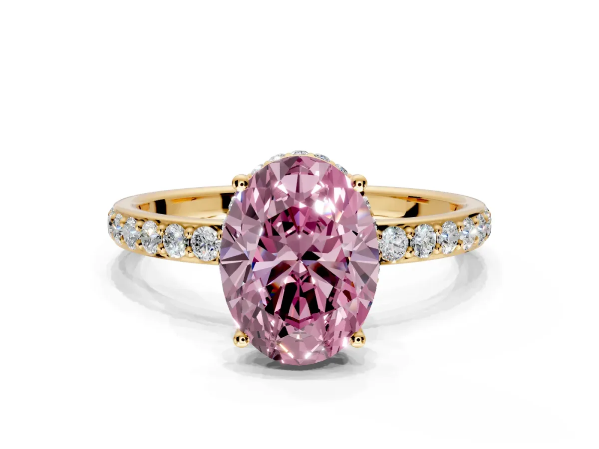 Hidden Halo Engagement Ring Setting for Fancy Pink Oval Center with Pave Band and Prong Head in Yellow Gold