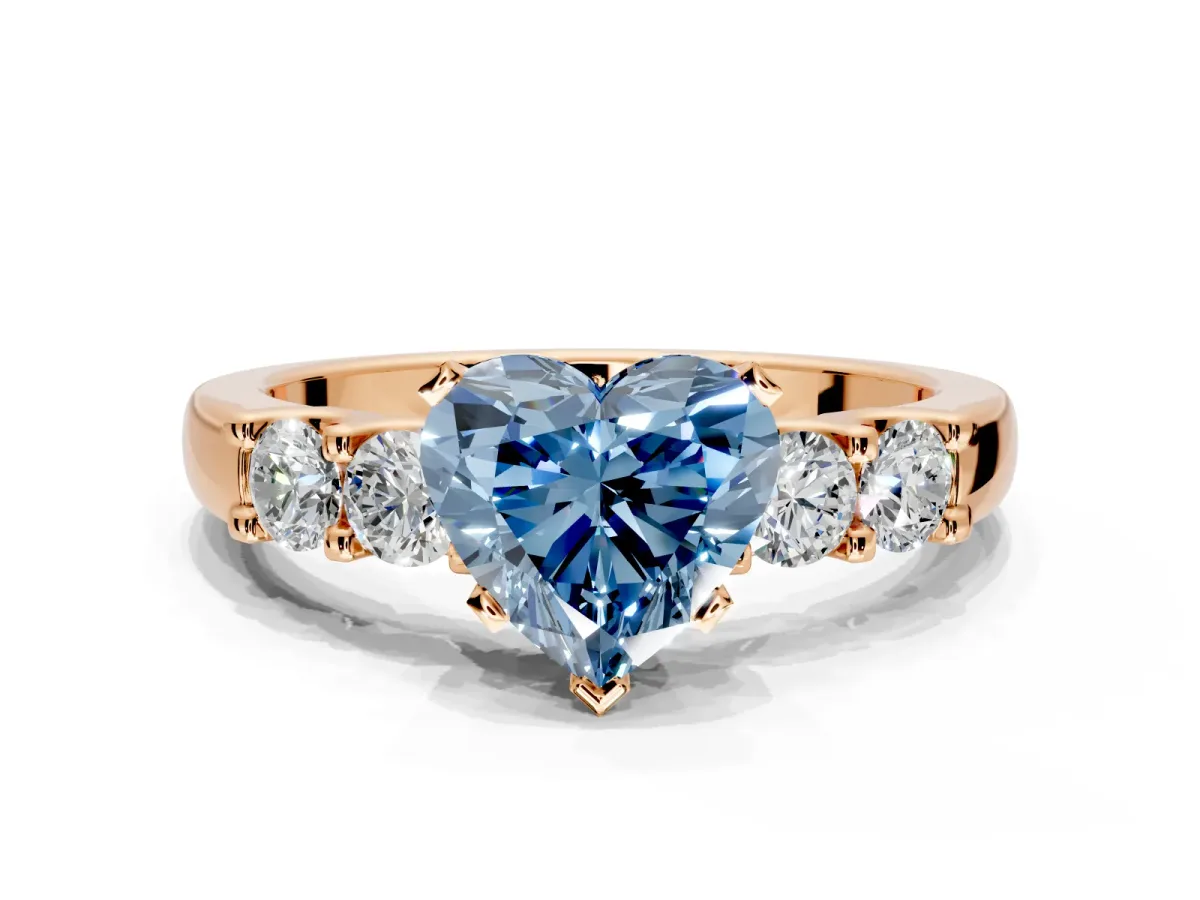 5 Stone Engagement Ring Setting for Fancy Blue Heart-Shaped Center with Plain Band and Prong Head in Rose Gold