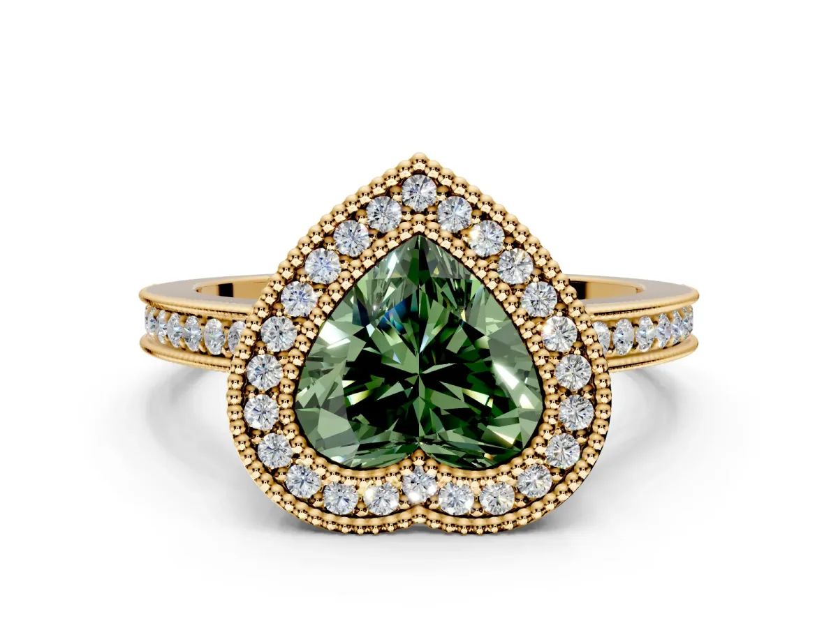 Halo Engagement Ring Setting for Fancy Green Heart-Shaped Center with Milgrain Halo, Pave Band and Prong Head in Yellow Gold