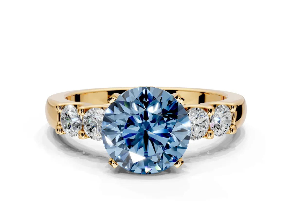 5 Stone Engagement Ring Setting for Fancy Blue Round Cut Center with Plain Band and Prong Head in Yellow Gold