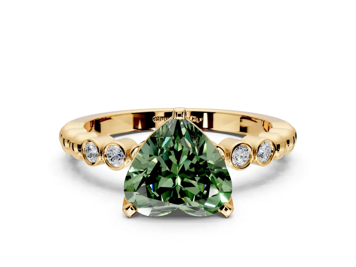 Solitaire Engagement Ring Setting for Fancy Green Heart-Shaped Center with Bezel-Dot Beaded Band and Prong Head in Yellow Gold
